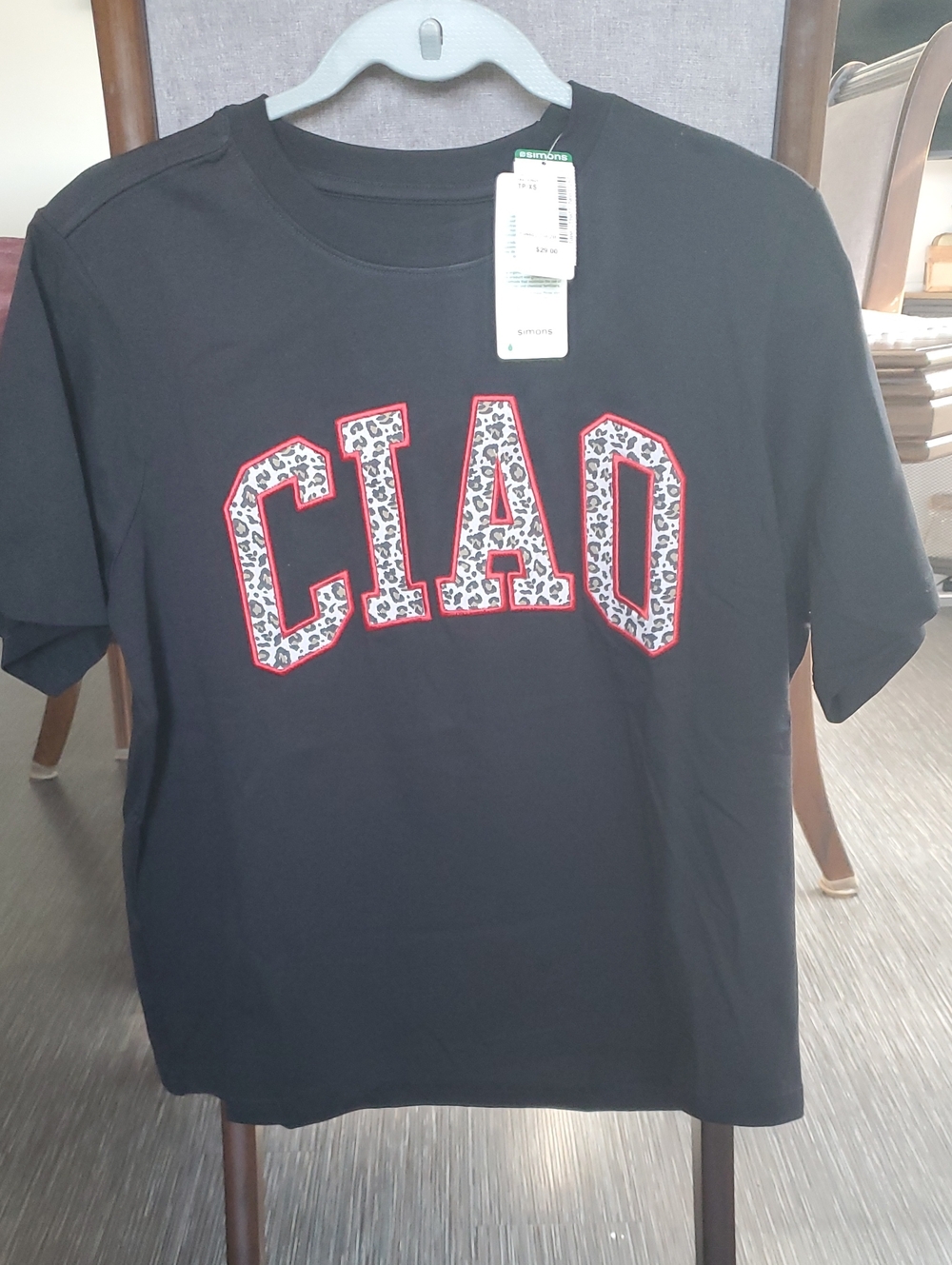 Simons  Icone Black 'CIAO' Tee with Leopard-Print Appliqué and Red Trim